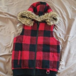 Aqua plaid vest with removeable faux fur hood